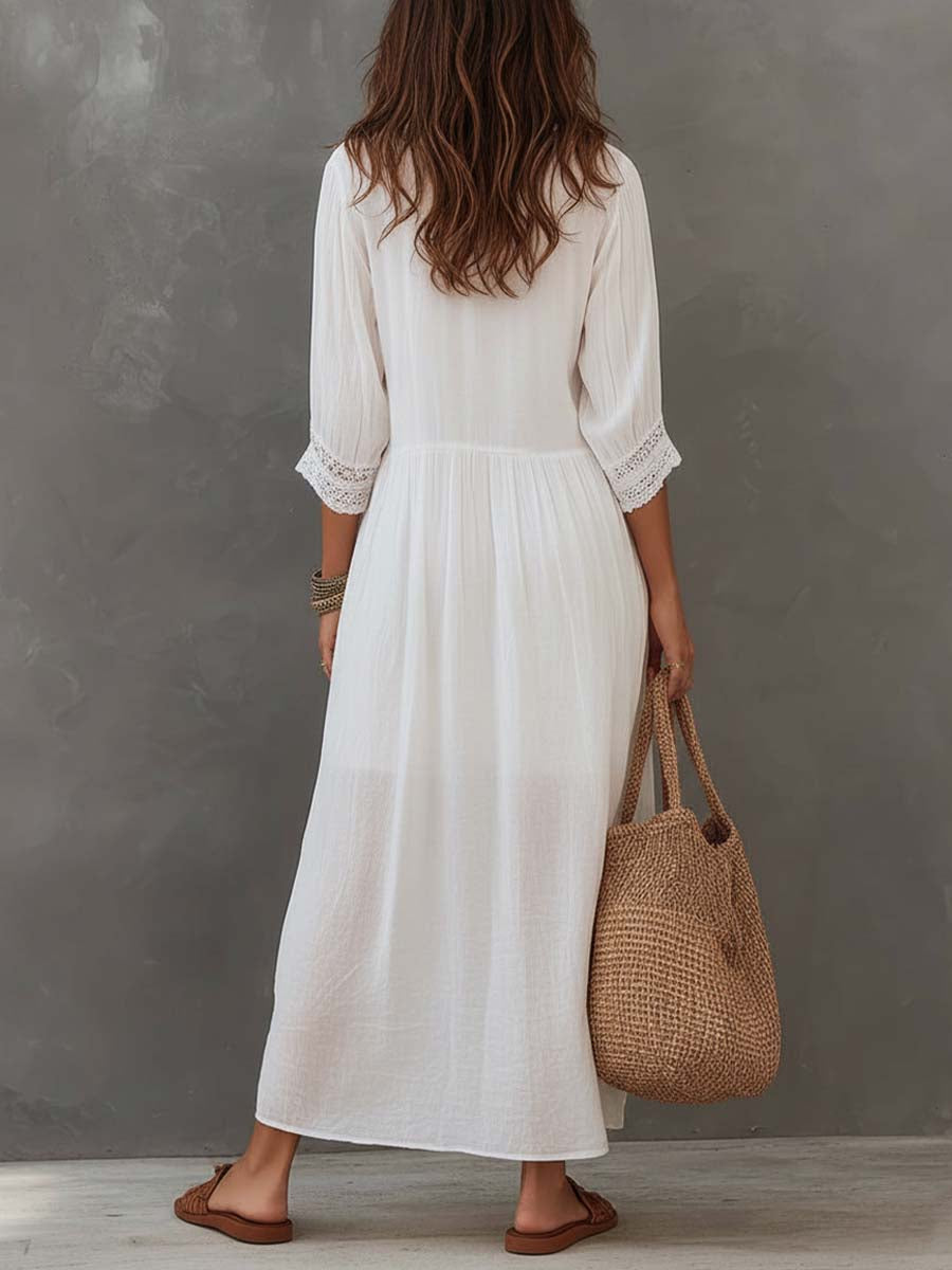 White lace-trim midi dress, back view with gathered waist and lace-trim sleeves