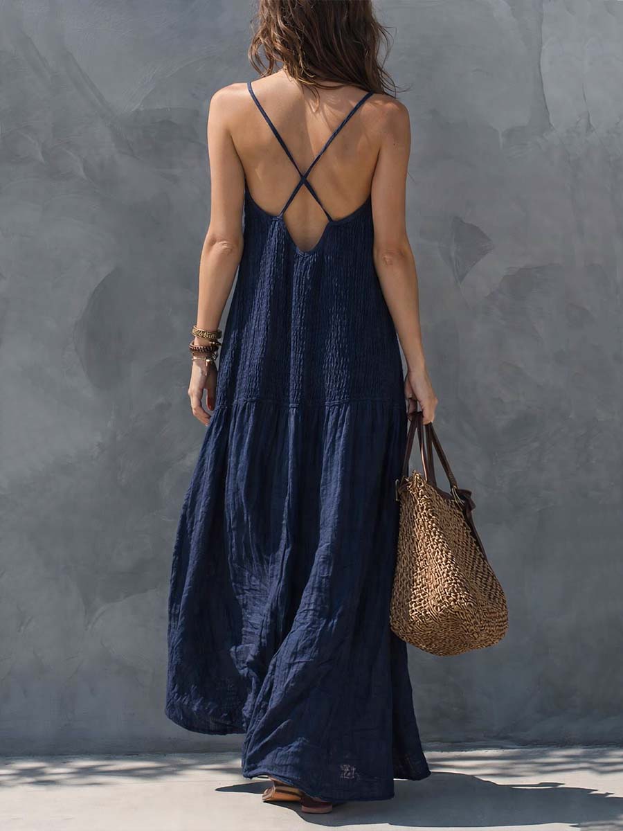 Navy blue sleeveless V-neck maxi dress with crisscross back straps