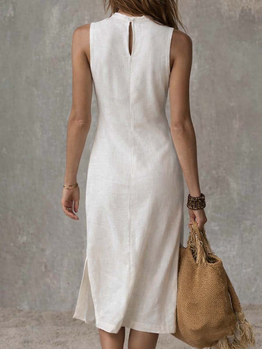 White sleeveless stand-collar midi dress with back seam and front split hem
