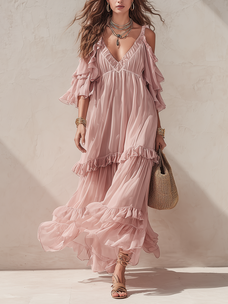 Pink tiered ruffle maxi dress with off-shoulder style layered sleeves