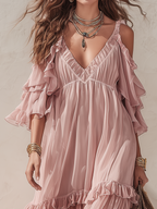 Pink tiered ruffle maxi dress, V-neck with layered shoulder ruffles