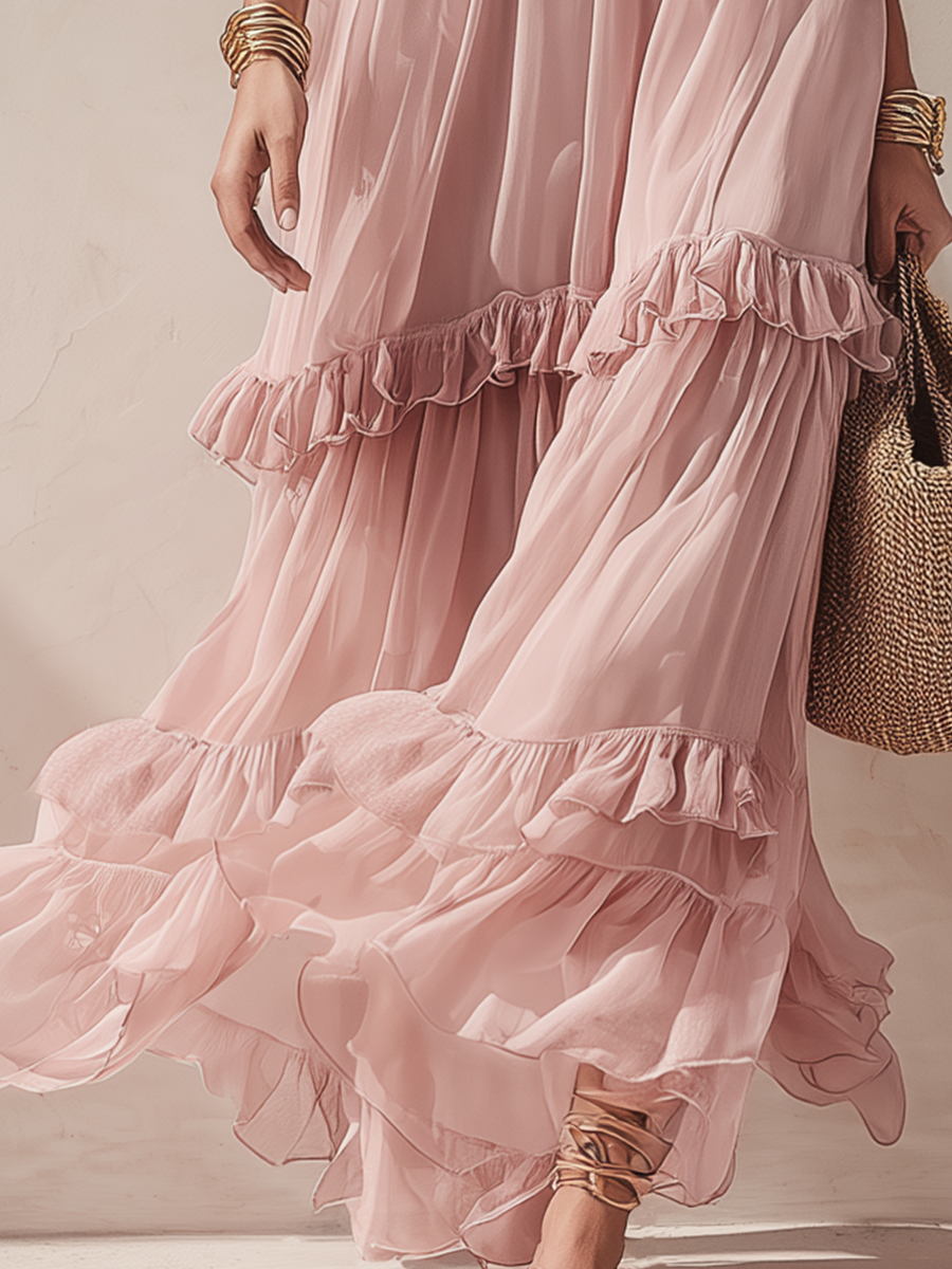 Pink tiered ruffle maxi skirt with gathered hem layers