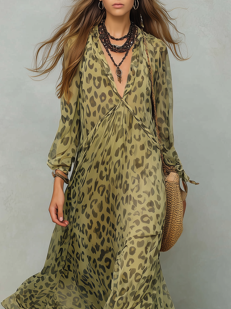 Olive green leopard print chiffon boho dress, gathered long sleeves, V-neck front