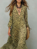 Olive green leopard print chiffon boho dress, gathered long sleeves, V-neck front