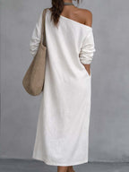 White one-shoulder midi dress with draped back and long sleeves, loose fit