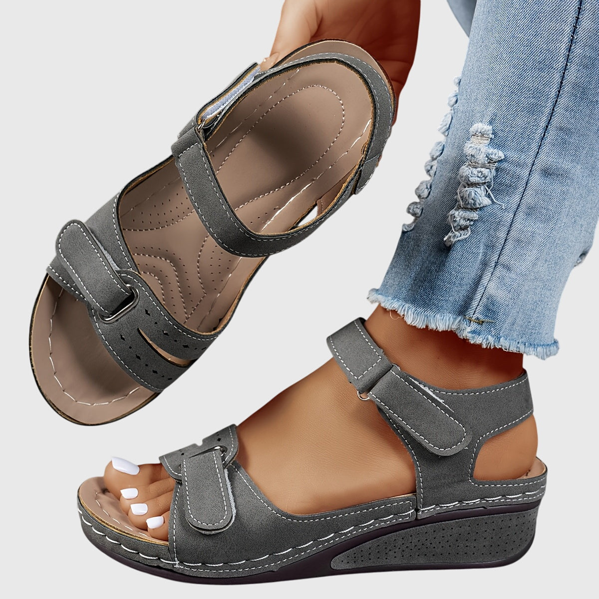 Crystal™ gray orthopedic sandals with two hook-and-loop straps and open toe