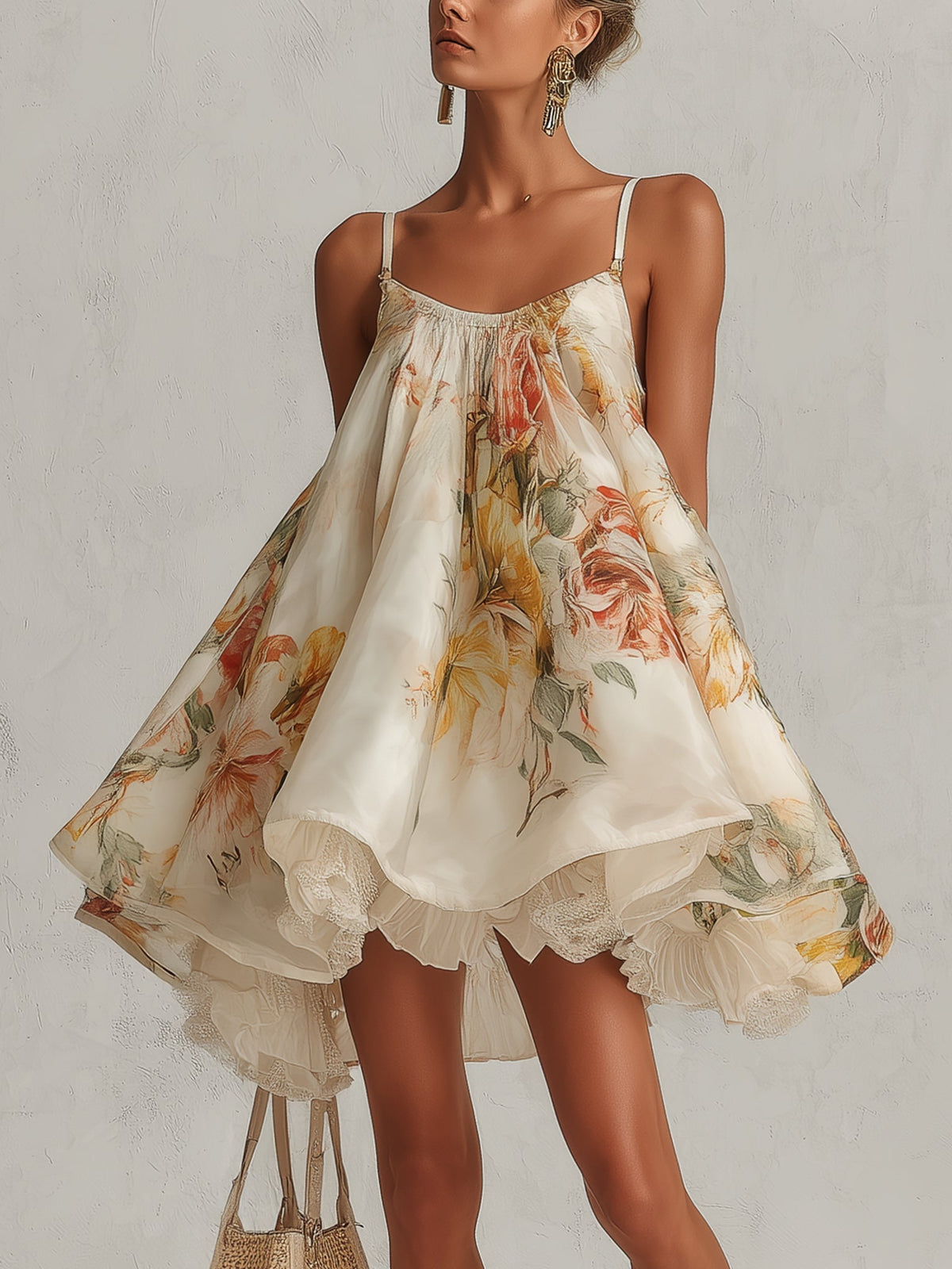 Beige floral organza A-line mini dress with lace-trimmed layered hem and spaghetti straps