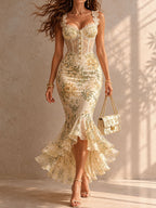 Floral cream midi mermaid dress with lace trim, corset bodice and ruffled hem