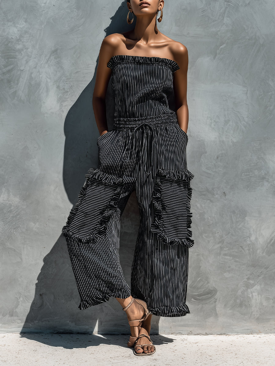 Black and white striped strapless ruffle jumpsuit, tiered wide-leg pants