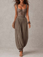 Grey lace bandeau top and pleated harem pants set, sleeveless front view