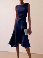 Sleeveless navy midi A-line dress with waist twist and flared skirt