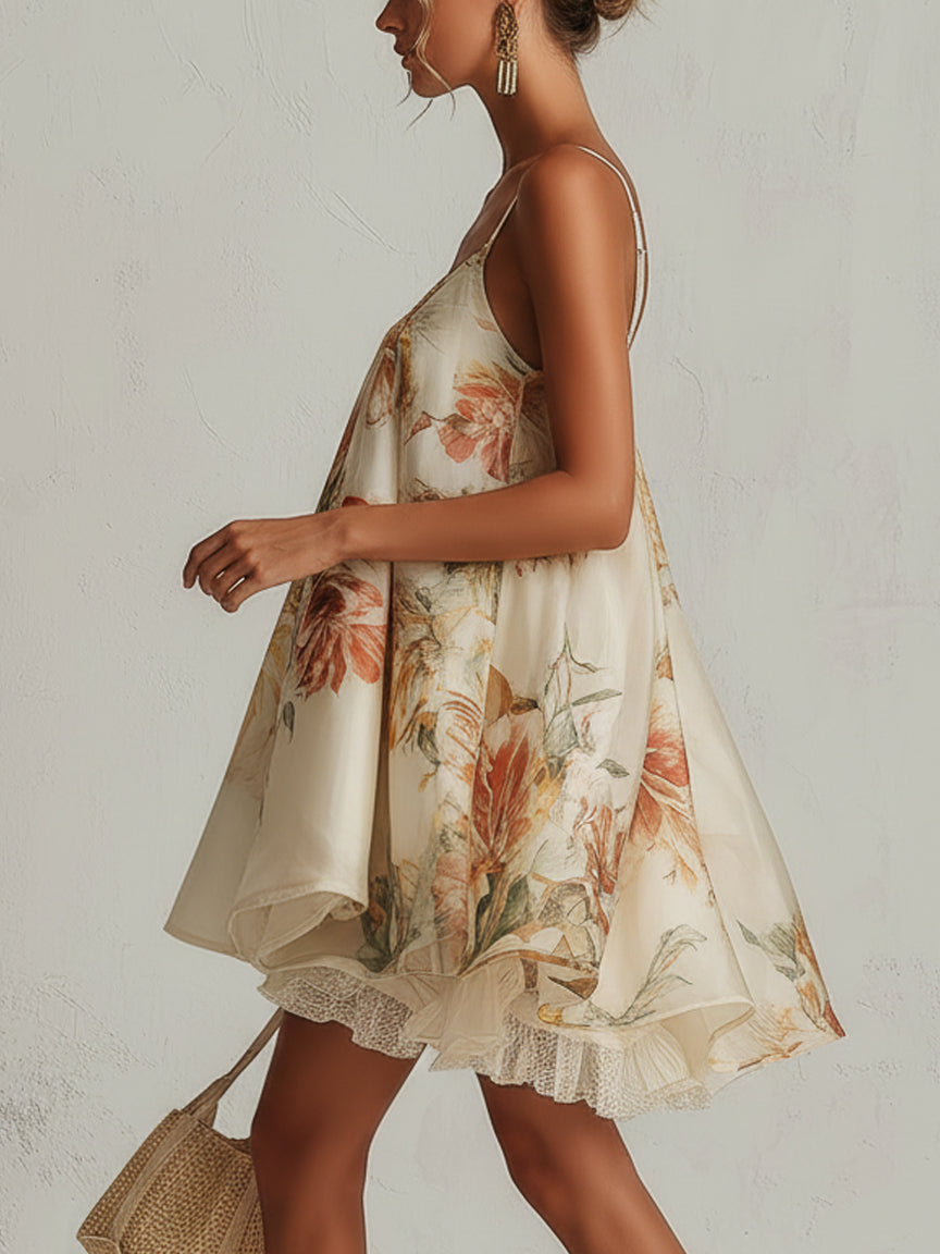 Beige floral organza mini dress with lace hem, spaghetti straps, A-line silhouette