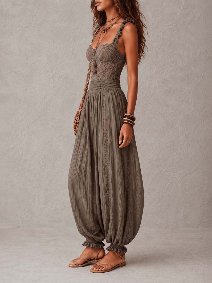 Grey lace bandeau top and pleated harem pants set, side view with gathered waist