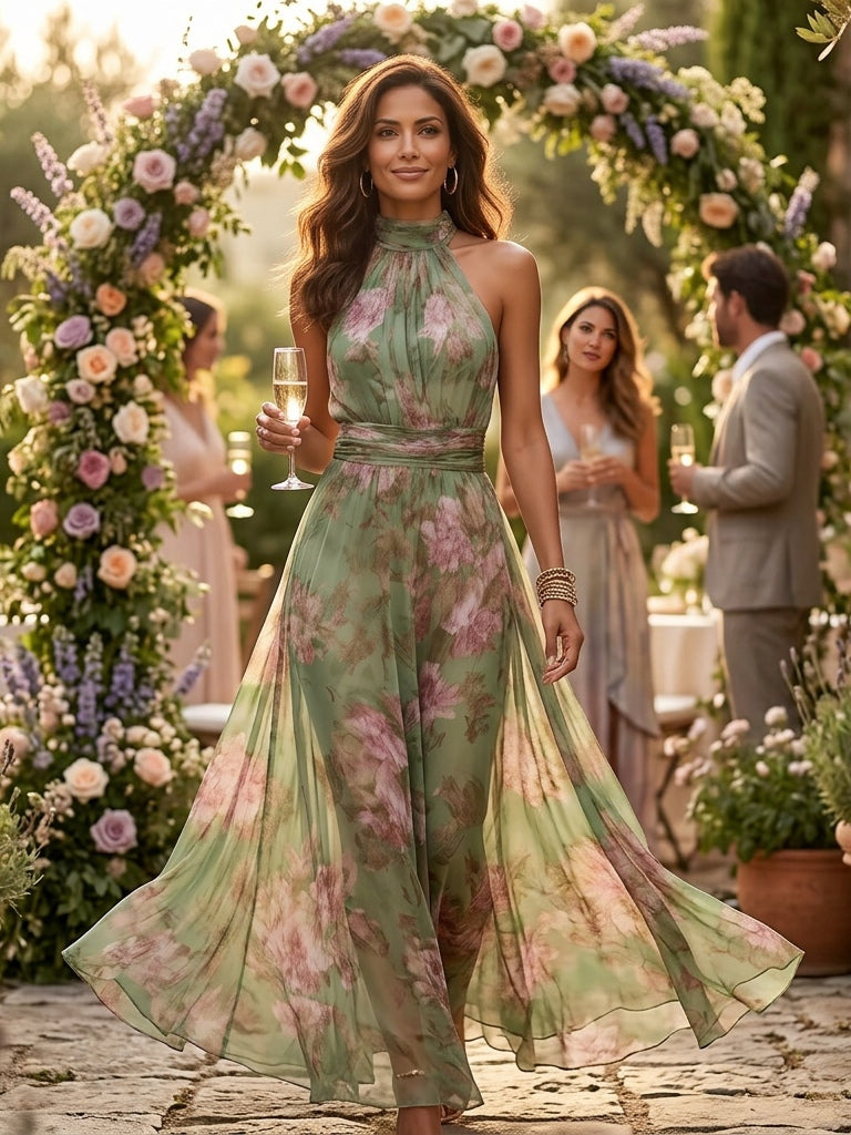 Floral chiffon halter maxi dress in green with pink blooms, flowing maxi skirt and gathered waist