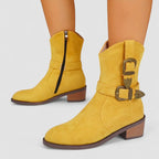 Yellow suede orthopedic western boots with side zipper and block heel.