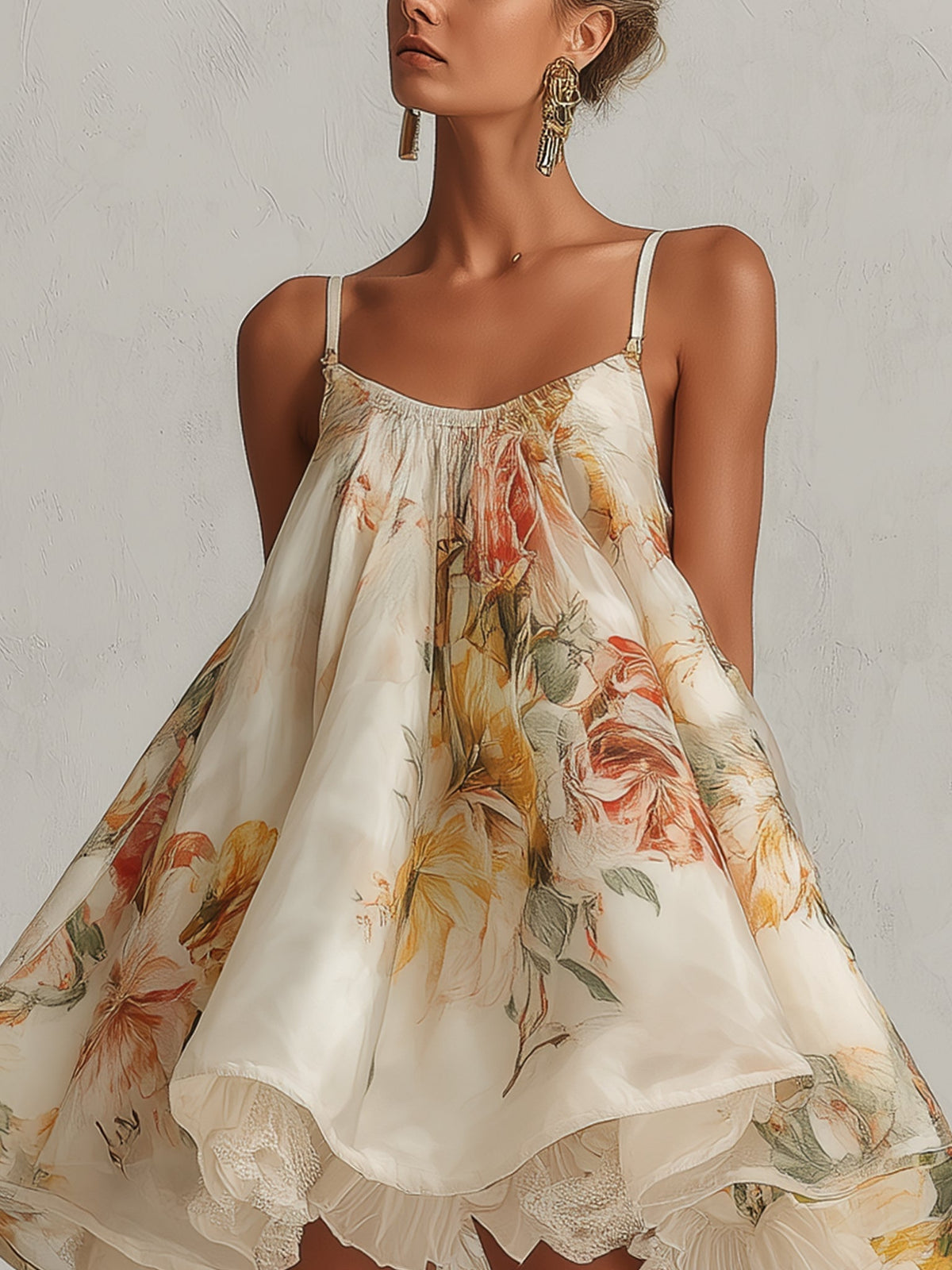 Beige floral organza A-line mini dress with lace-trimmed hem and thin spaghetti straps