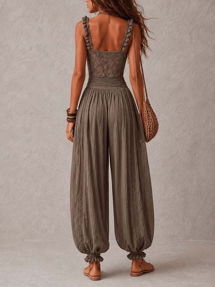 Grey lace bandeau top and pleated harem pants set, back view with lace straps