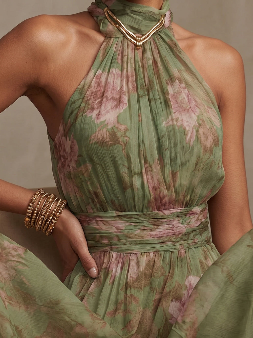 Green floral chiffon halter maxi dress with gathered halter neckline and waist seam