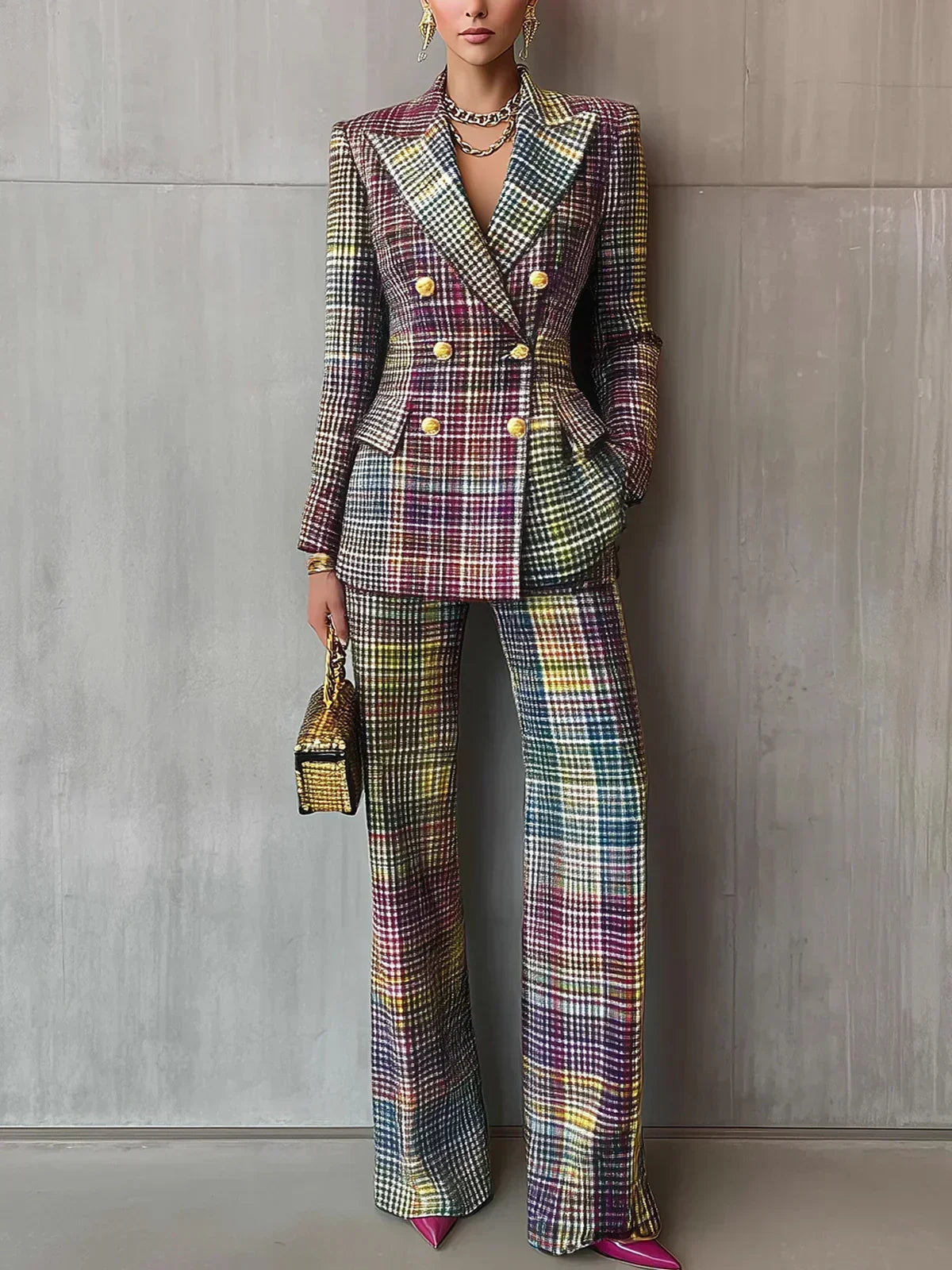Hilary™ luxe plaid blazer and wide-leg trousers set with double-breasted buttons