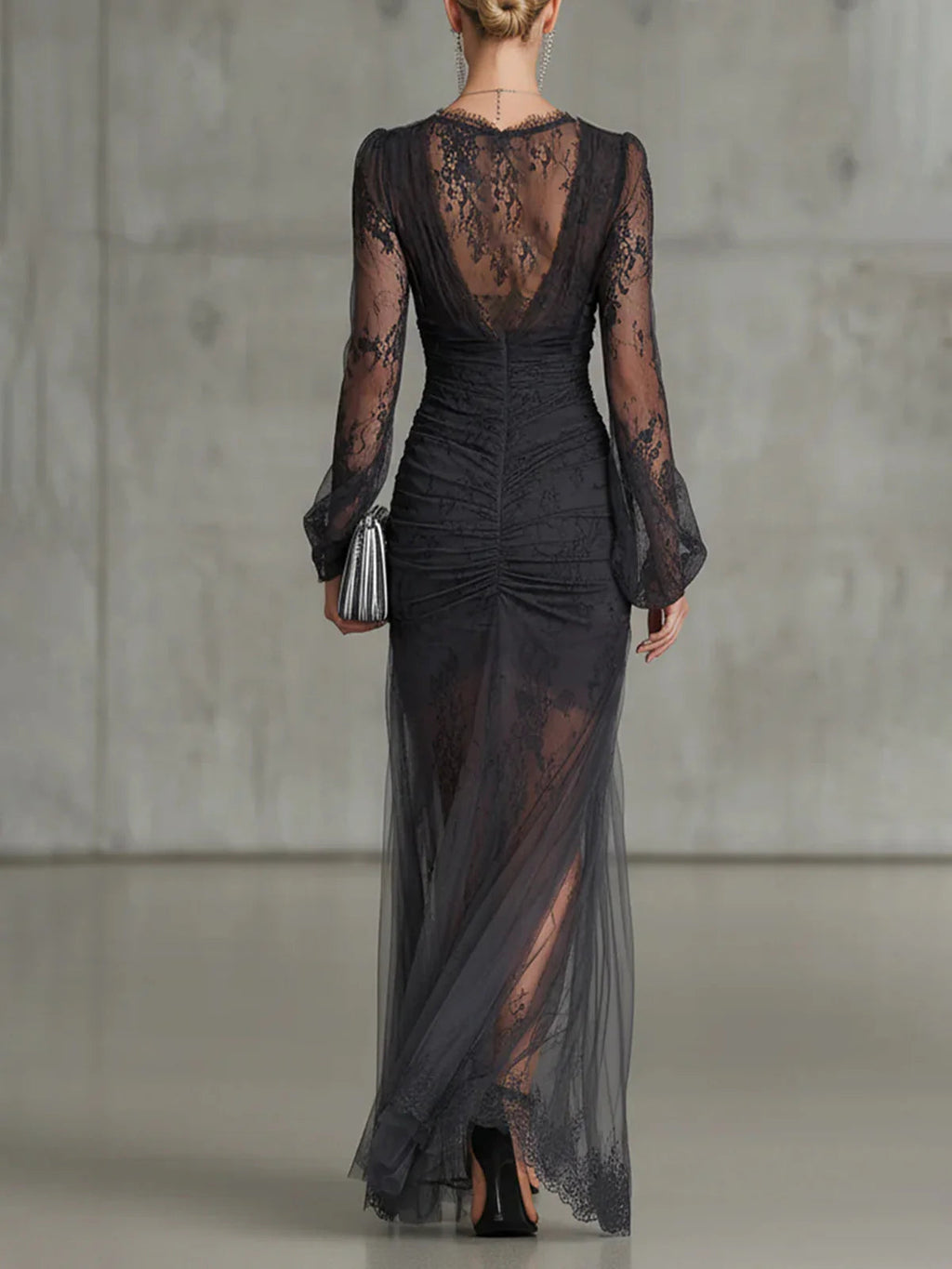 Dark grey ruched lace sheer maxi dress with long sleeves and back slit