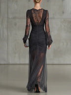 Dark grey ruched lace sheer maxi dress with long sleeves and back slit