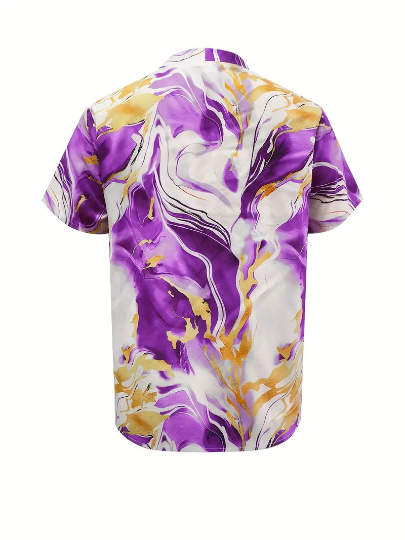 Marble print short sleeve shirt, purple and cream marble pattern, V-neck back view