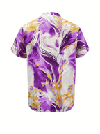 Marble print short sleeve shirt, purple and cream marble pattern, V-neck back view