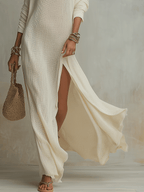 Soft ivory one-shoulder textured maxi dress hem with side slit and draped overlay