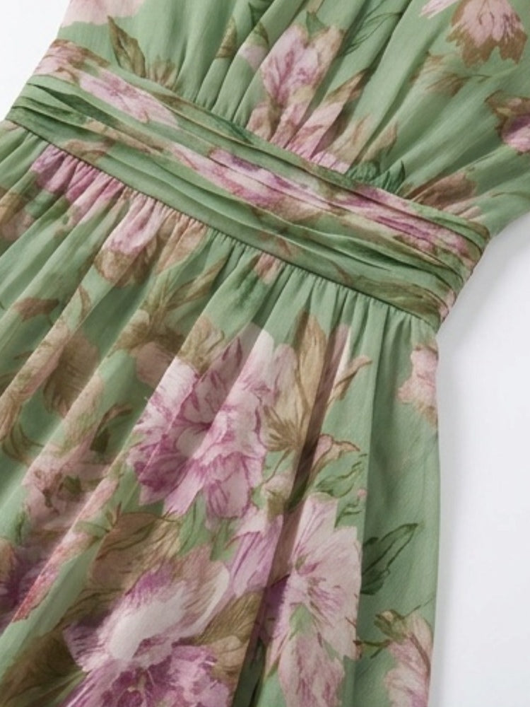 Green floral chiffon maxi dress with elastic waist and gathered full skirt
