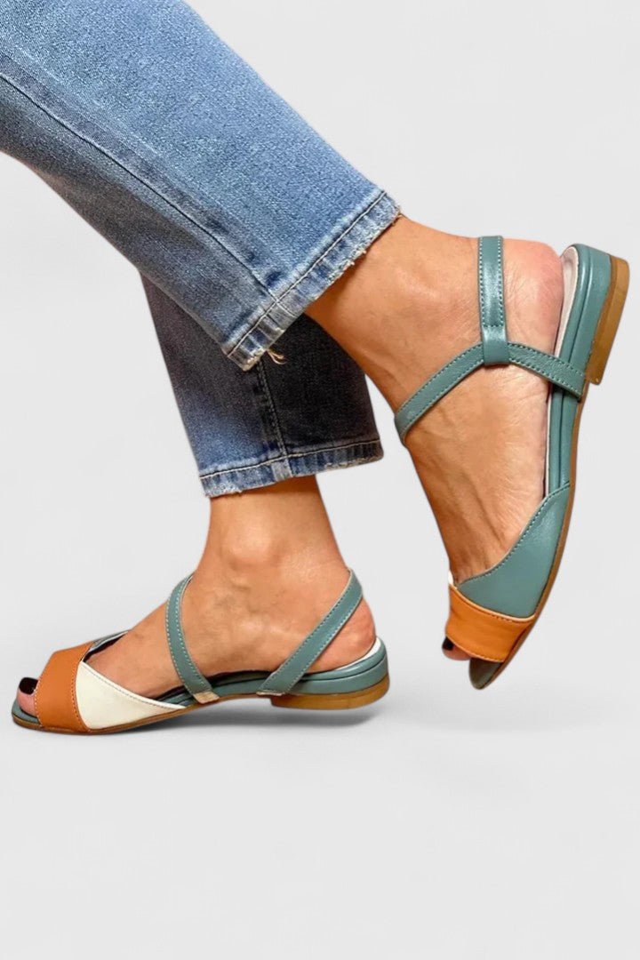 Color-block open-toe sandals with ankle strap and decorative toe detail, teal and orange