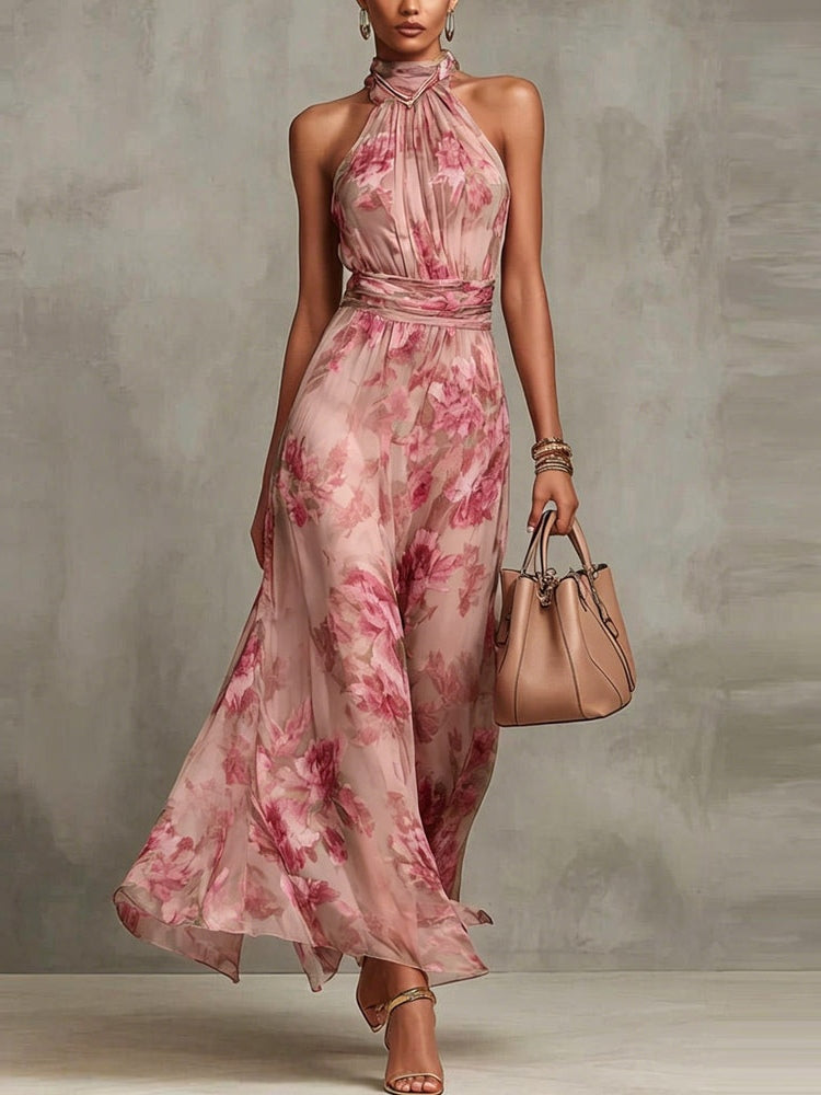 Floral chiffon halter maxi dress in pink with rose floral print, high neck and flowing maxi length