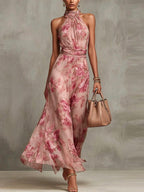 Floral chiffon halter maxi dress in pink with rose floral print, high neck and flowing maxi length