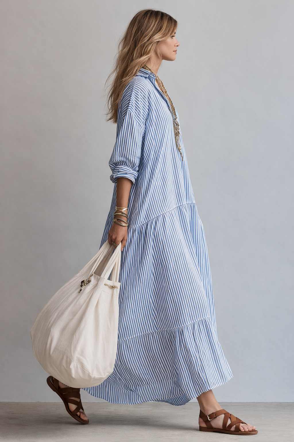 Blue and white striped maxi shirtdress with V-neck, button placket, and tiered hem