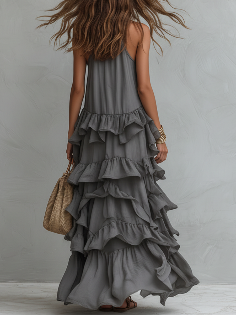 Grey sleeveless halter long dress with tiered ruffle skirt, back view