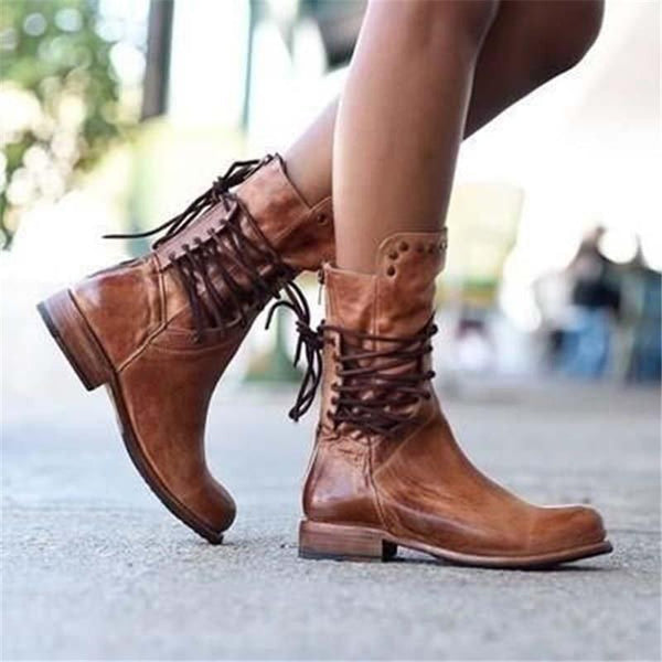 Brown vintage lace-up boots, low heel, crisscross laces and side eyelets