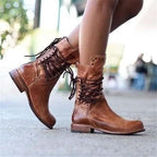 Brown vintage lace-up boots, low heel, crisscross laces and side eyelets