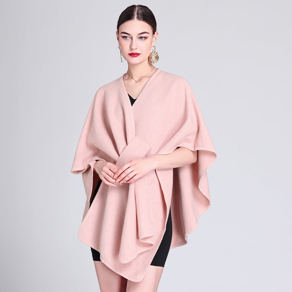 Blush pink caped fleece shawl with V-neck and waist tie, flowing cape poncho.