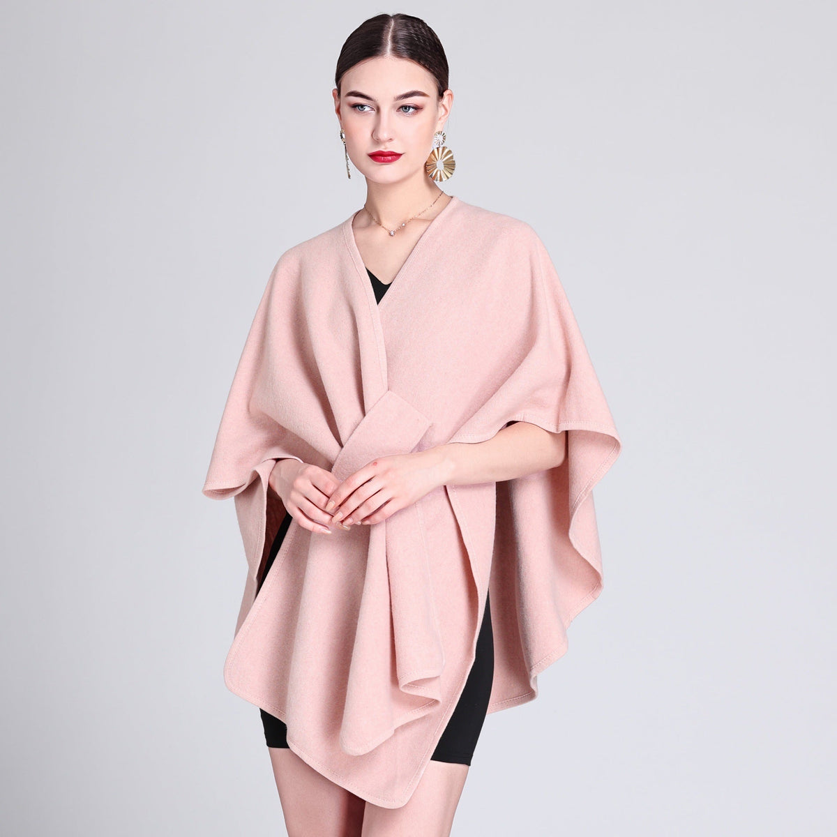 Blush pink caped fleece shawl with V-neck and waist tie, flowing cape poncho.