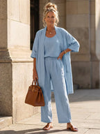 Lorrin™ elegant set in light blue: short-sleeve kimono over scoop-neck jumpsuit pants