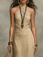 Khaki linen halter maxi dress with draped cowl neckline and fitted bust panel detail