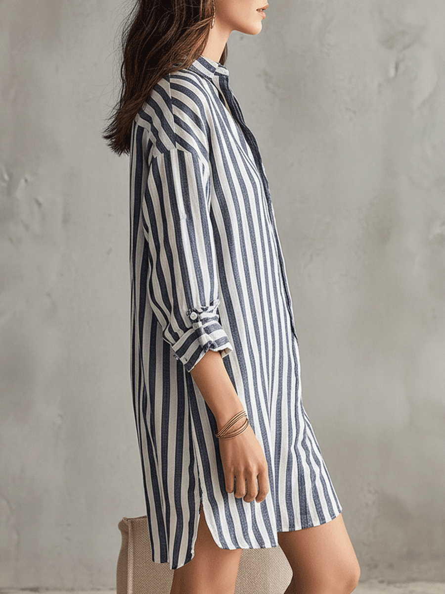 Blue and white striped button-up shirt mini dress with three-quarter sleeves