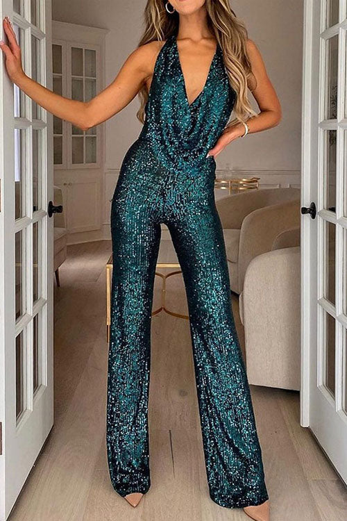 Teal-green sequin halter party jumpsuit with deep V neckline and wide legs