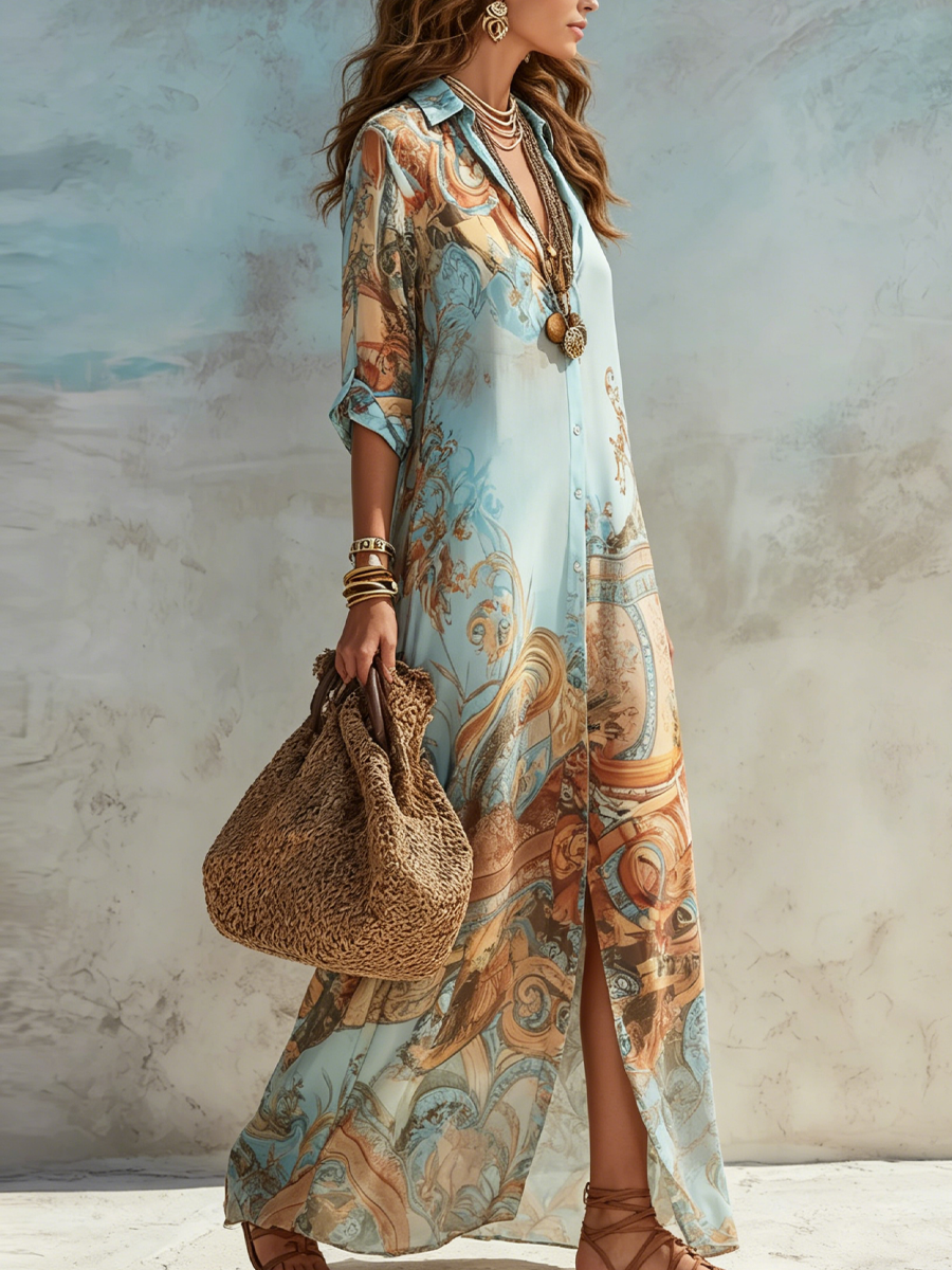 Light blue chiffon maxi dress with baroque scroll print and button-front V-neck