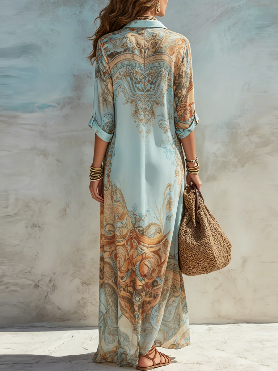 Back view of light blue chiffon maxi dress with ornate baroque print