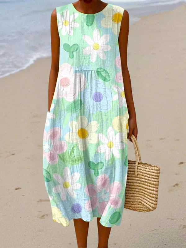 Pastel blossom midi dress, sleeveless crew neck, multicolor floral print