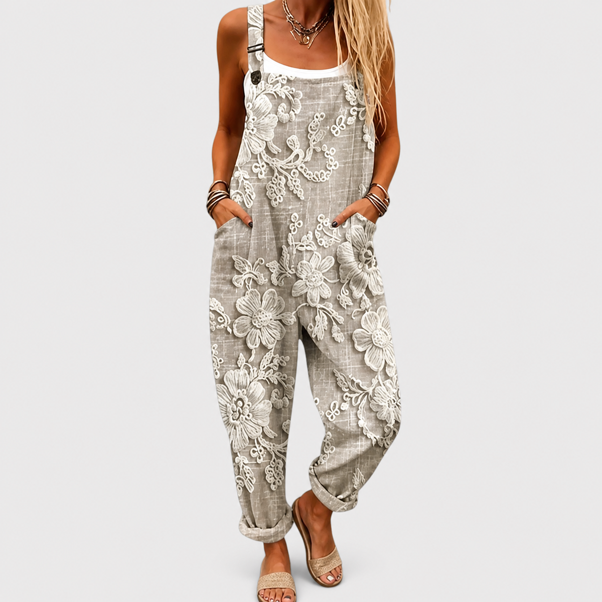Gray floral printed sleeveless jumpsuit with wide legs