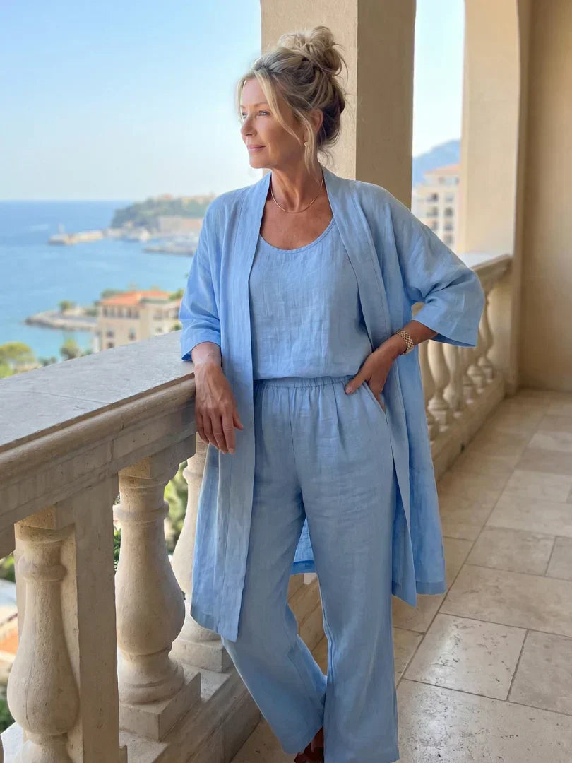 Lorrin™ elegant set in light blue: open kimono over scoop-neck wide-leg jumpsuit