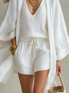 White V-neck sleeveless top and drawstring shorts with flowing open kimono sleeves