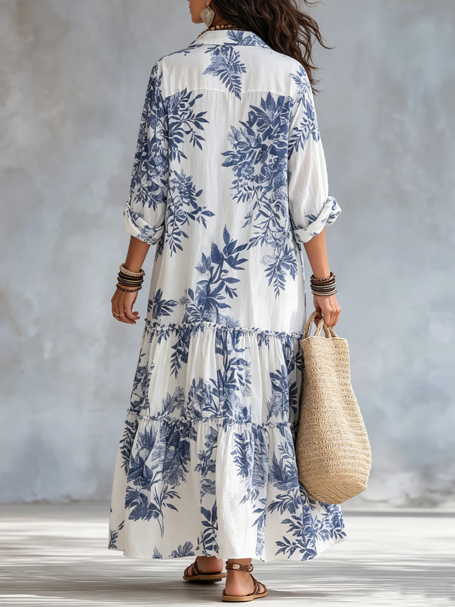 Back view: blue floral button-front maxi dress with tiered ruffle skirt