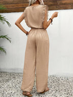 Beige sleeveless lace-trim top and wide-leg pants set with drawstring waist